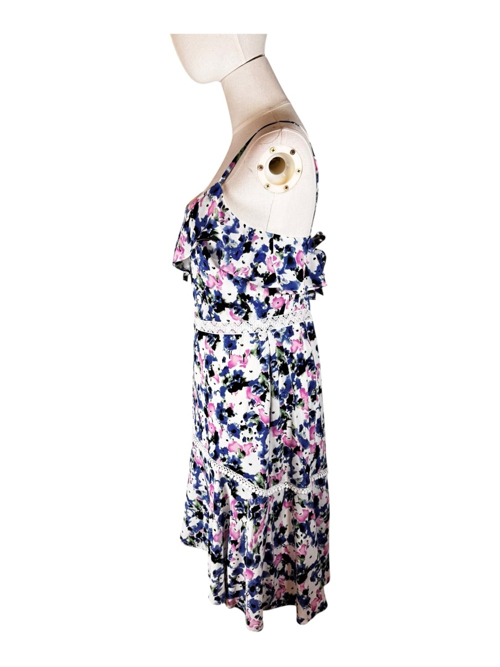 BCBGMAXAZRIA Blue Pink Floral Ruffle Cami Midi Dress Size 8 NWOT - Picture 3 of 8